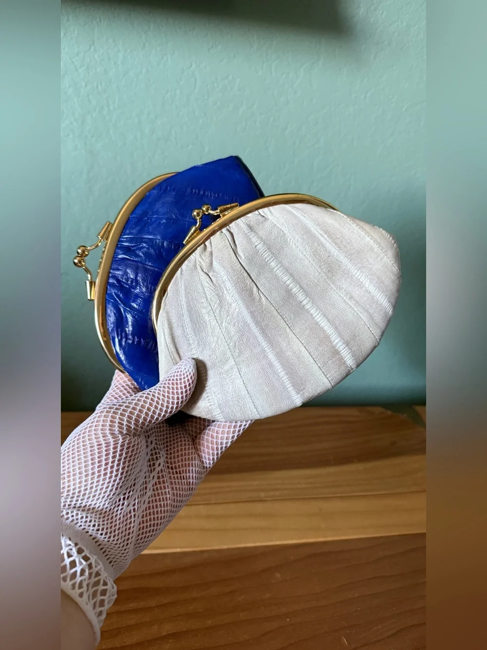 2 NEW Eel Skin Double Kisslock Coin Purses Blue LeeSands & Grey Set 5x7” Soft